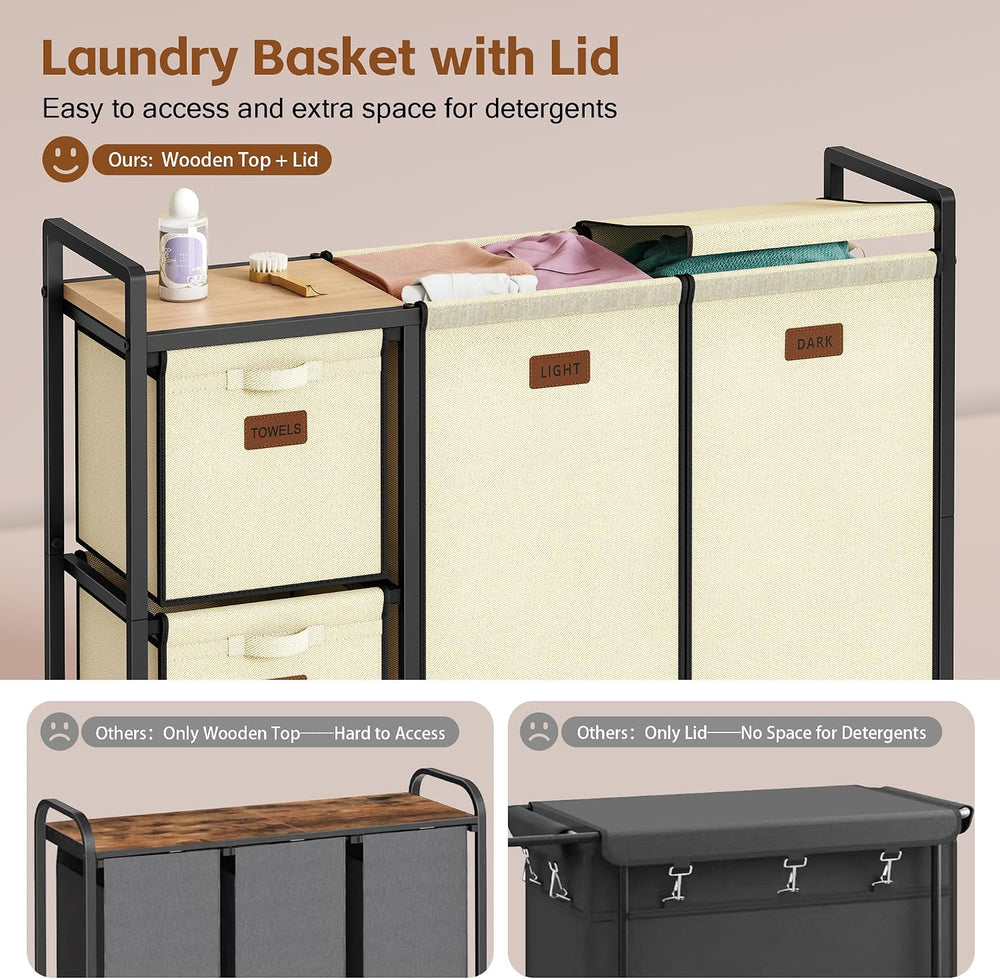 Hoctieon 4 Section Laundry Cart, 52.8 Gal. (200L) Laundry Hamper with Lid, La...