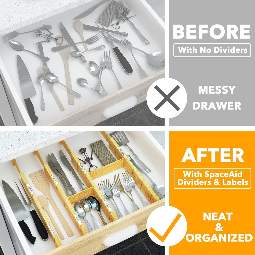 SpaceAid Bamboo Drawer Dividers with Inserts and Labels, Kitchen Adjustable D...