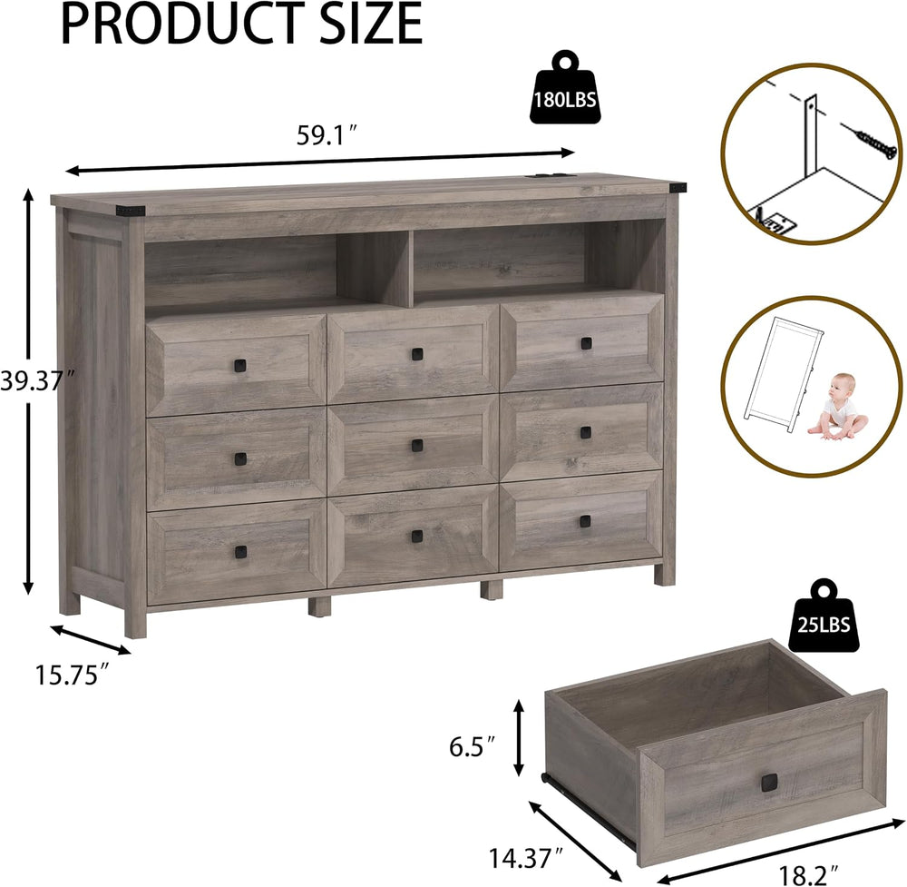 Xixini Dresser for Bedroom with 9 Drawers, LED Lights, Power Outlet, Grey