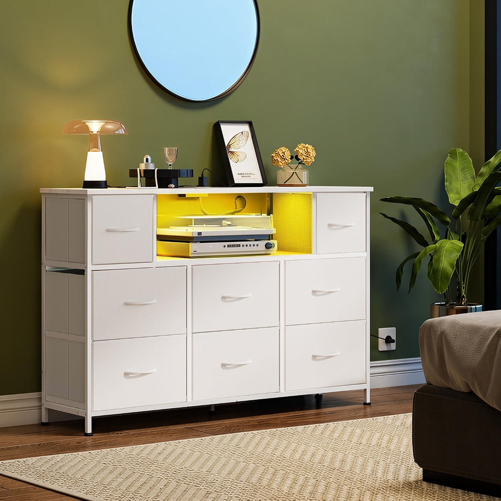 WLIVE LED Dresser TV Stand for 55 Inch TV, 8 Drawers, White