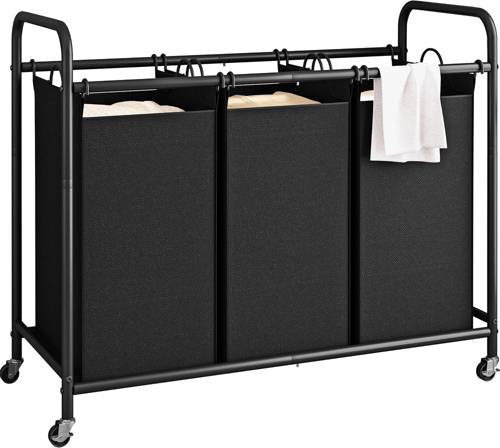 LINZINAR 3 Section Laundry Hamper Sorter, Black Laundry Basket with Wheels
