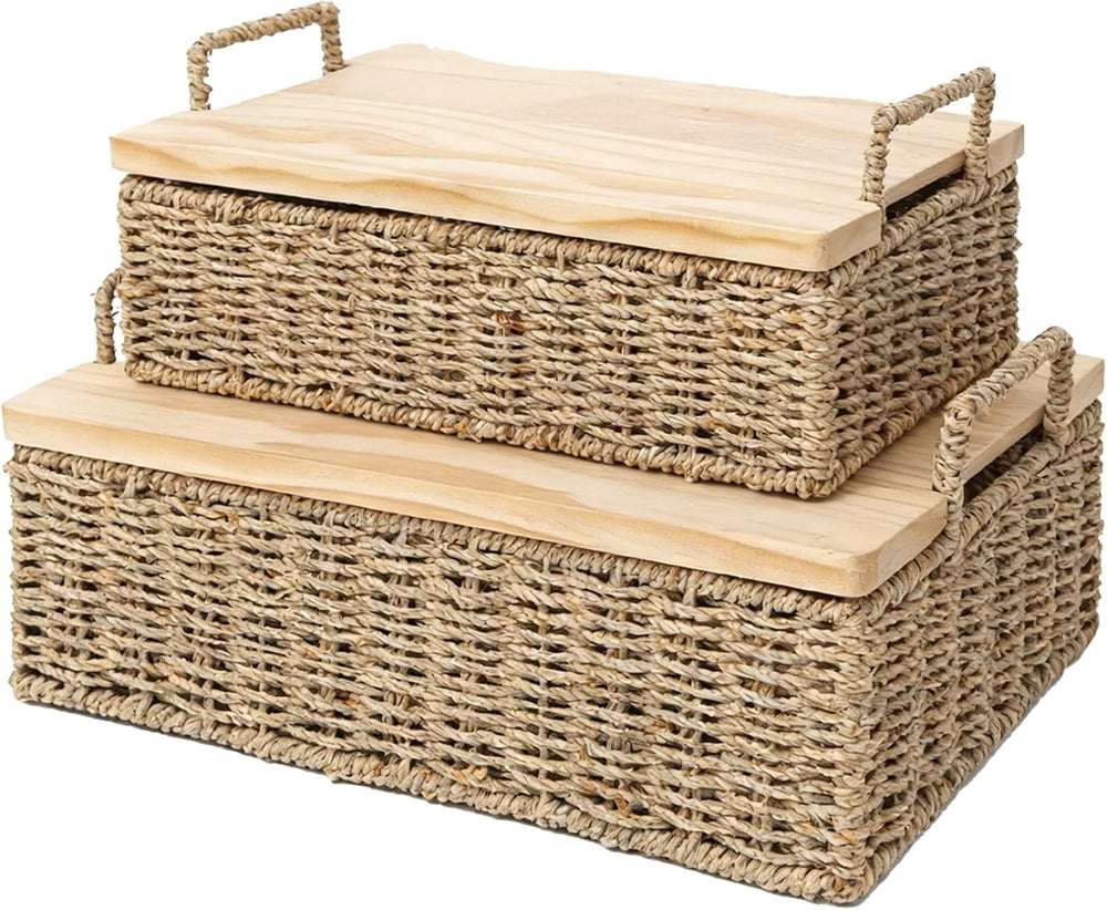 Woven Seagrass Wicker Storage Basket Set of 2 with Wooden Lids
