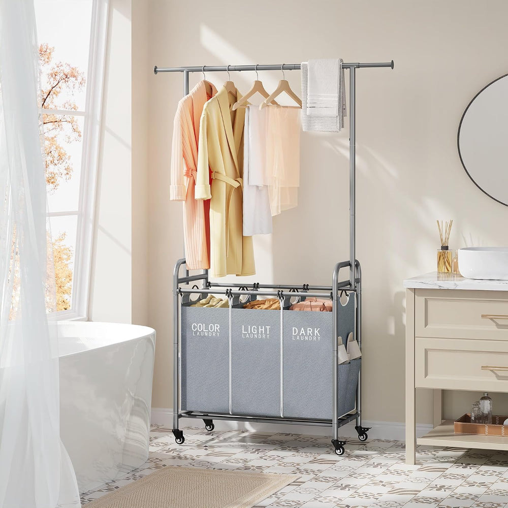 Tajsoon Laundry Sorter 3 Section, Laundry Cart with Hanging Rack, Gray
