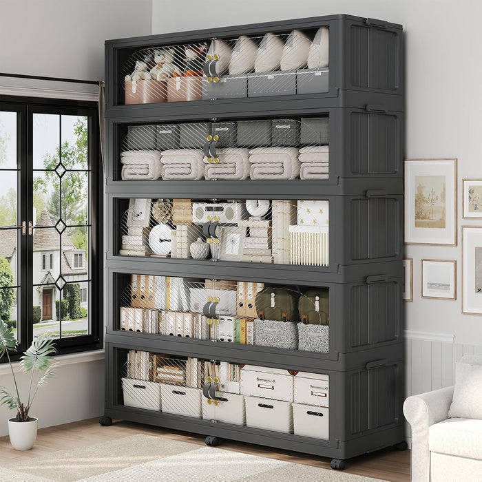 1600QT Extra Large Stackable Storage Bins with Lid, 400Gal Plastic Closet Organizers and Storage Drawer, Collapsible Cabinet Box with Wheels Clear Doors for Home Kitchen Office, 5Pack Black