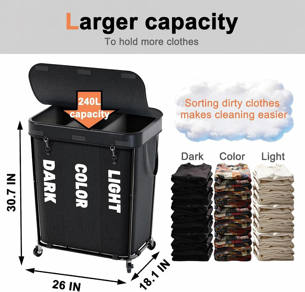 Laundry Sorter with Wheels 240L Rolling Laundry Cart,3 Compartment Designed R...