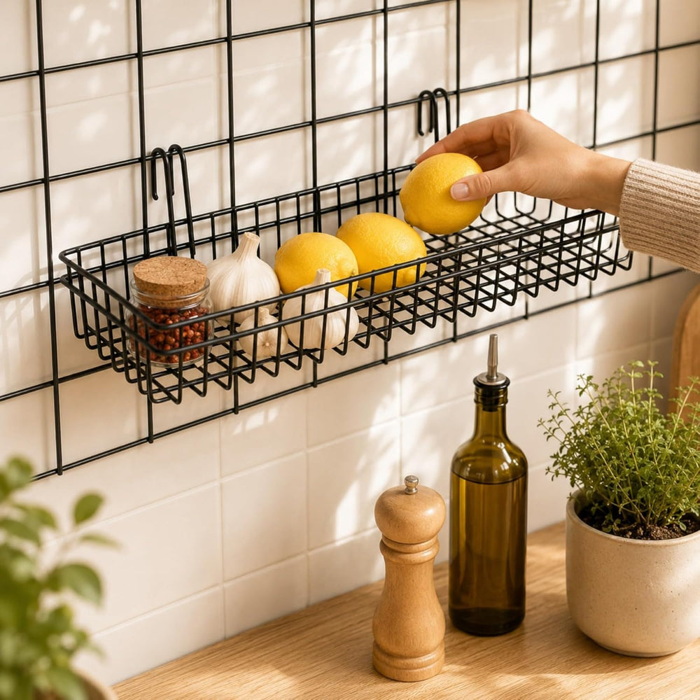 ANZOME Grid Wall Baskets, 4 Pack Black Wire Mesh with Hooks