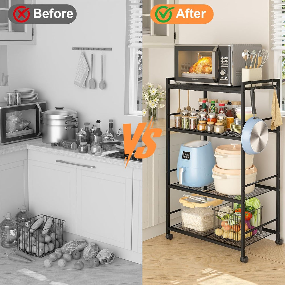4-Tier Rolling Microwave Cart, Kitchen Storage Cart with Wooden Tabletop