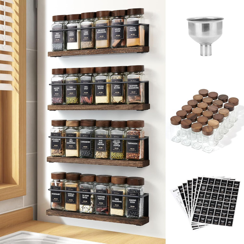 Wooden Lid Magnetic Spice Rack with 24 Jars, 216 Labels, 1 Steel Funnel for R...