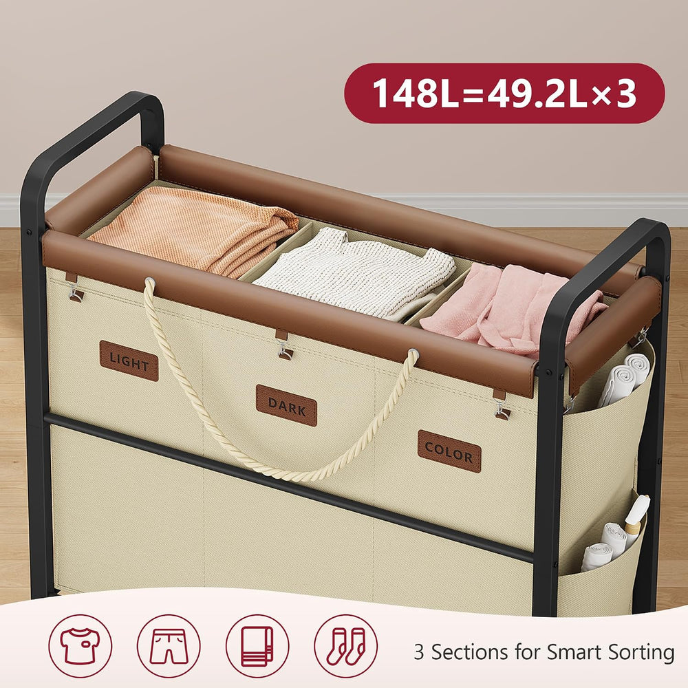 Tajsoon 148L Large Laundry Sorter 3 Section, Beige