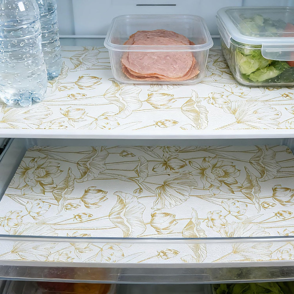Shelf Liners Thickened Non-Slip Non Adhesive Light Base Gold Lotus Pattern