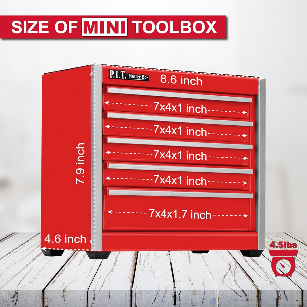 P.I.T. Mini Tool Box,Small Metal Toolbox Organizer with 5 Drawers,Red