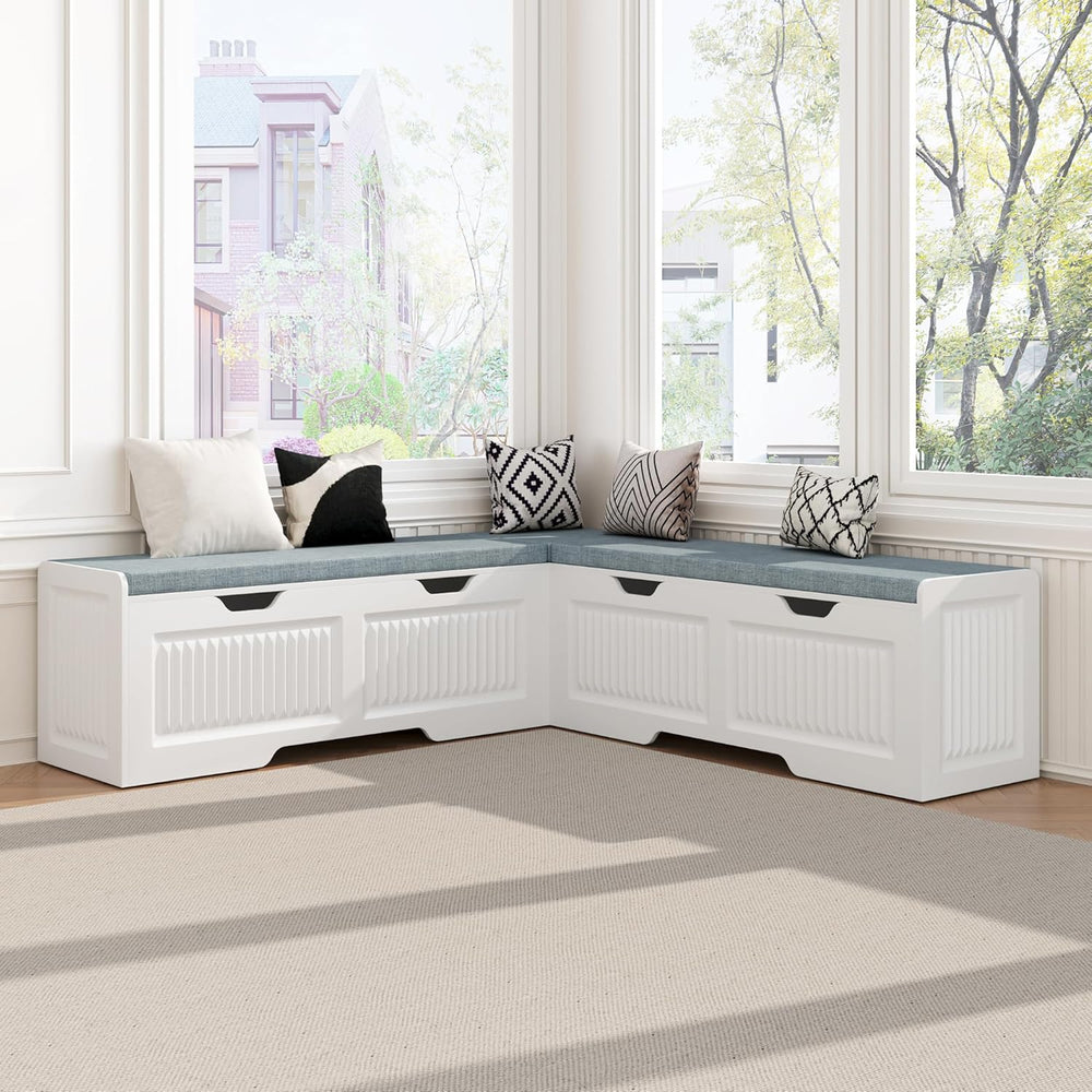 White L-Shaped Storage Bench with Hidden Storage Space
