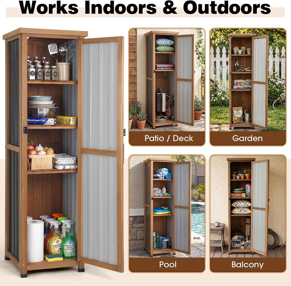 62" H Tall Narrow Outdoor Storage Cabinet with Metal Top, Outdoor Shed S...