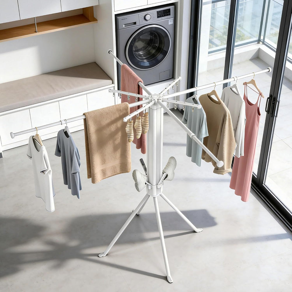 Clothes Drying Rack Foldable, 4-Leg Base, 16 Clips, 4 Shoe Holders