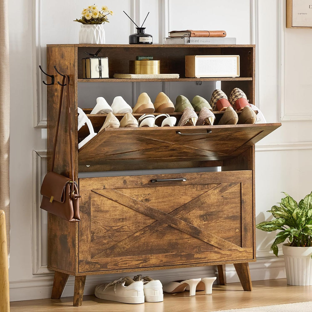 Joaxswe Narrow Shoe Cabinet with 2 Flip Drawers for Entryway,Rustic Brown