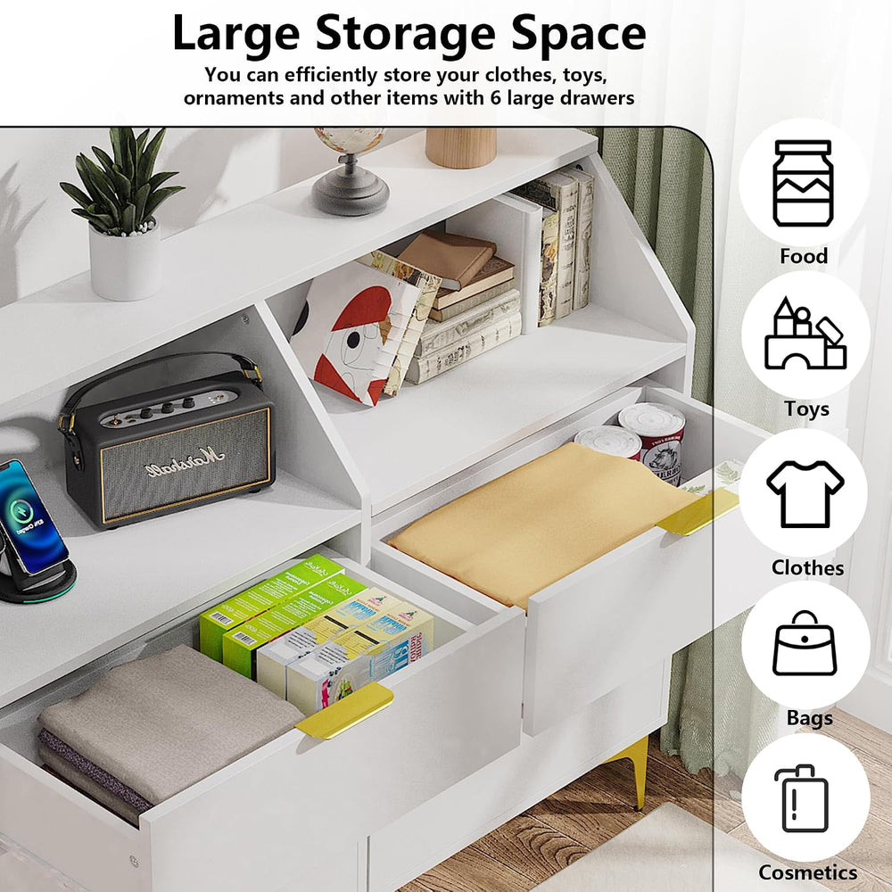 LOUVIXA 6 Drawer Dresser with LED Light, Chest of Drawers with Charging Stati...