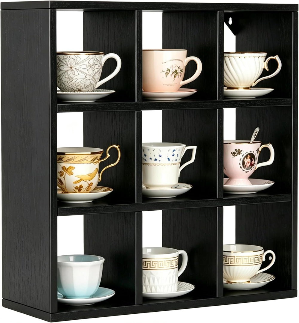 Helsin 9 Grid Vintage Coffee Mug Display Rack, 16inch Wall Mounted Wooden Cur...