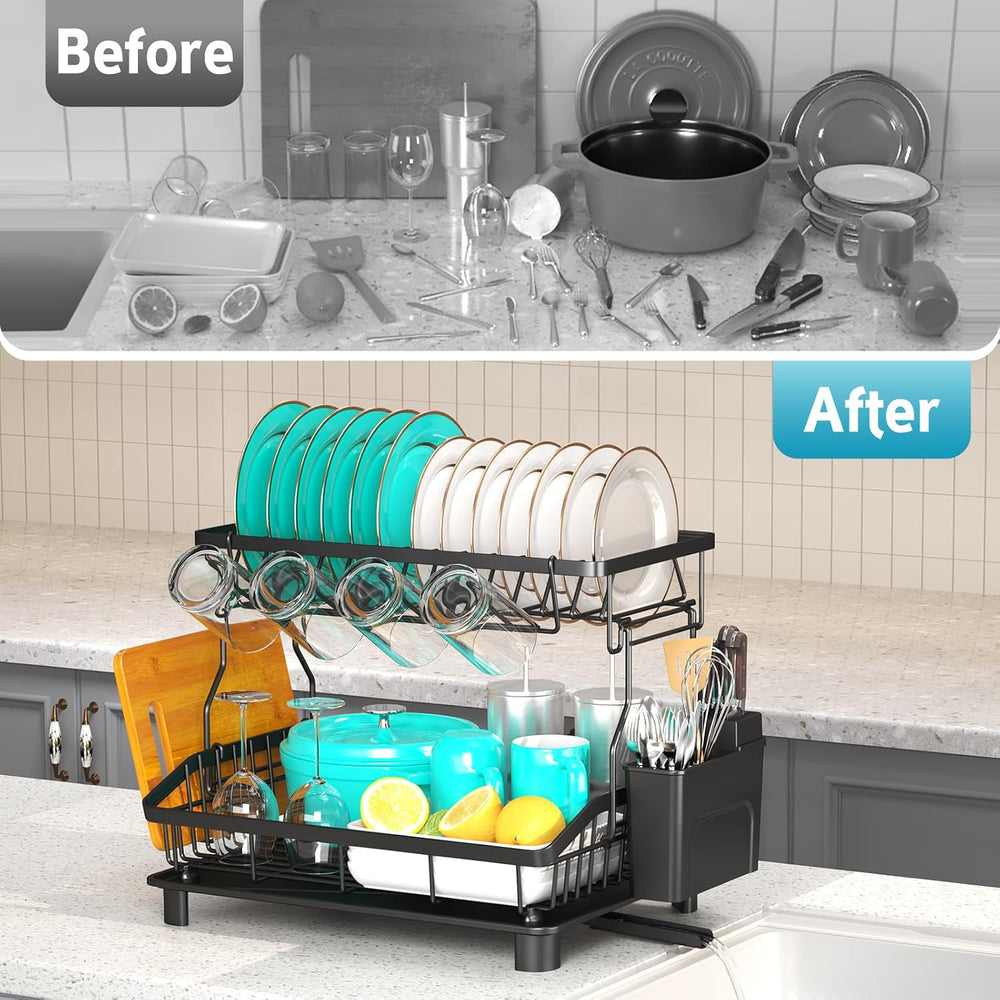 2 Tier Dish Drying Rack for Kitchen Counter, Large Capacity, Black