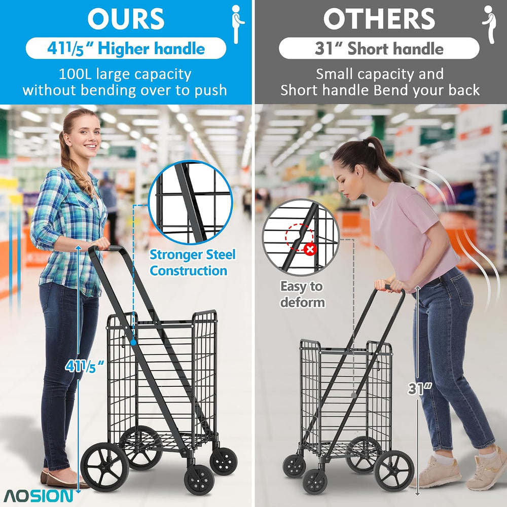 Folding Shopping Carts for Groceries,220lb Rolling Utility Cart with Wheel