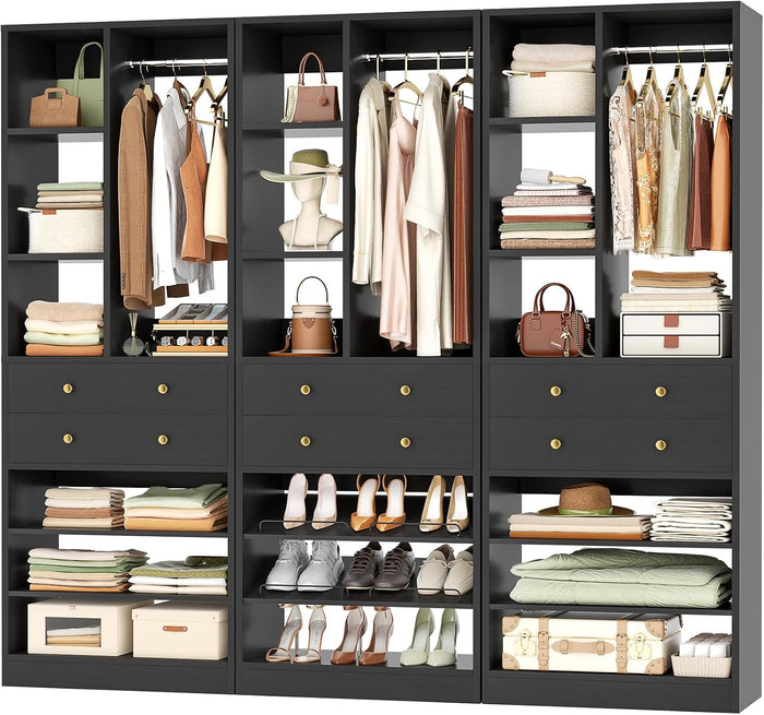 Besiost Closet System, 84"/7 FT Closet Organizer System with 6 Drawers and Shelves, Walk-in Closets Systems, Free Standing Reach in Closet Tower, Load 1800+LBS, Black 3 Pack