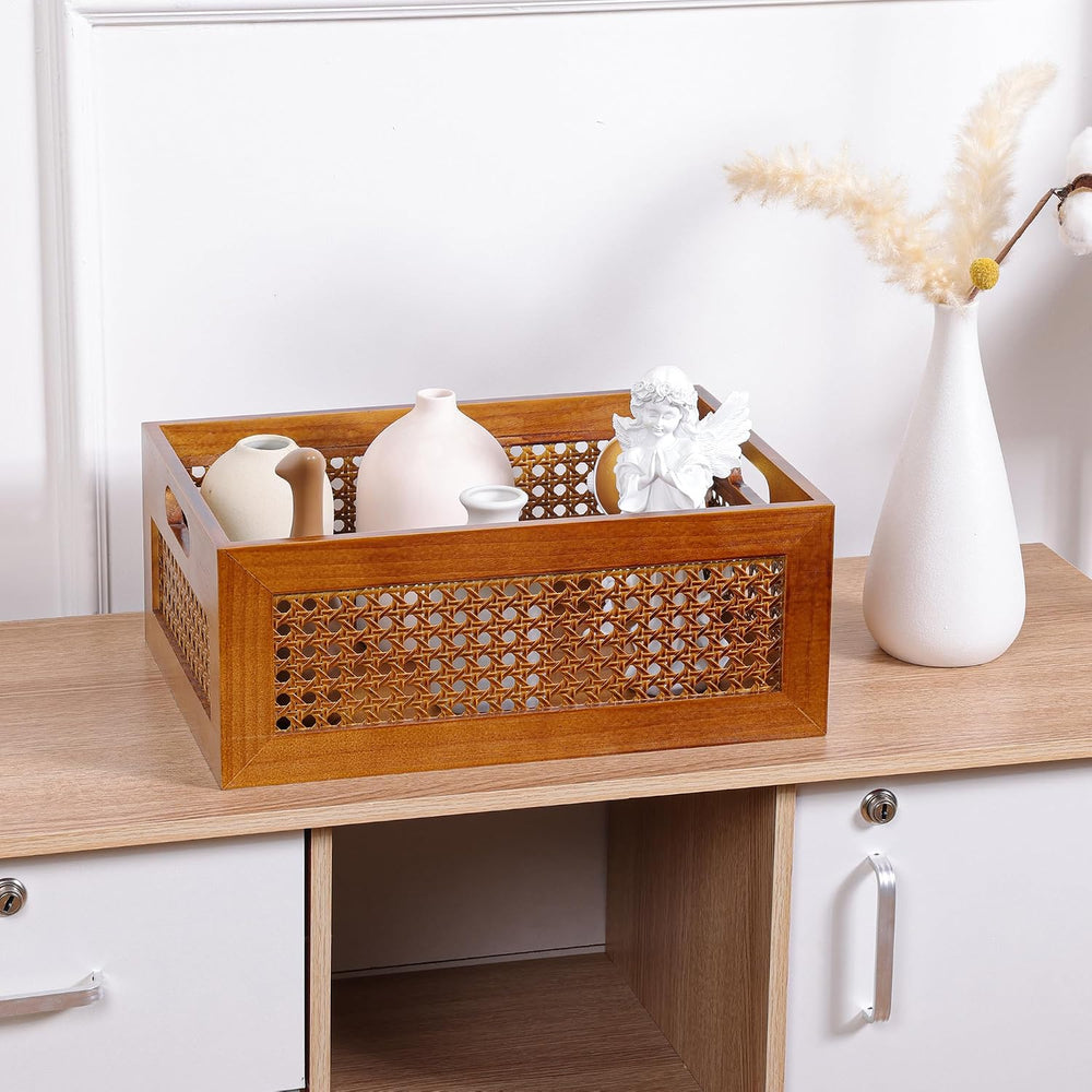 Rattan Wooden Box Set of 2 Handmade Decorative Storage Basket with Handles