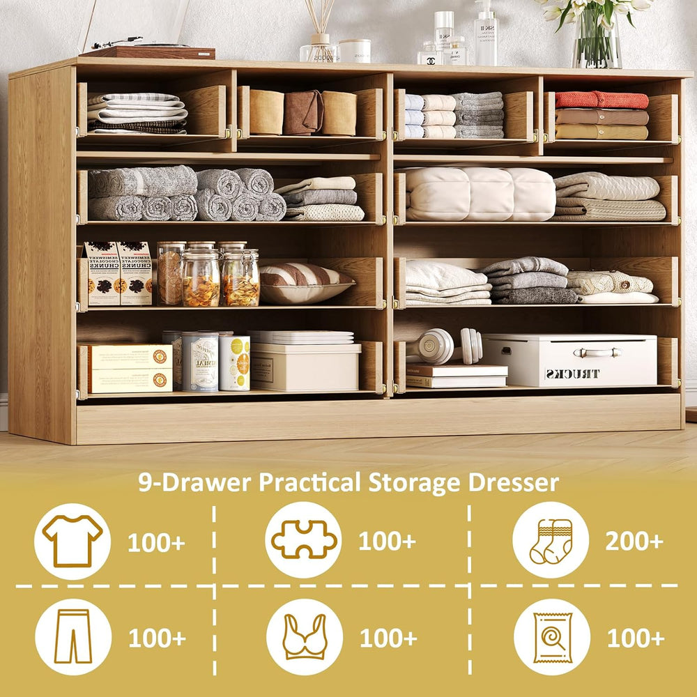 55.1" Wide Fluted 10 Drawer Dresser for Bedroom, Natural