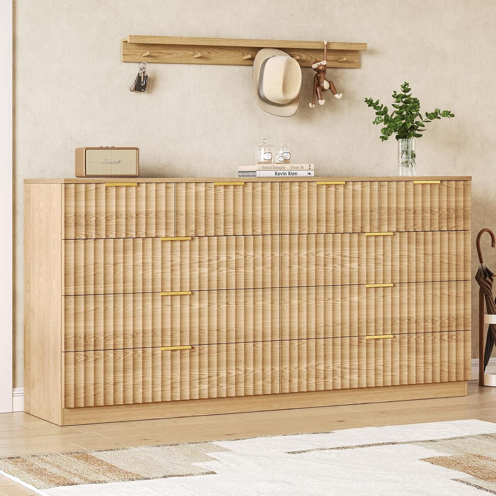 55.1" Wide Fluted 10 Drawer Dresser for Bedroom, Natural