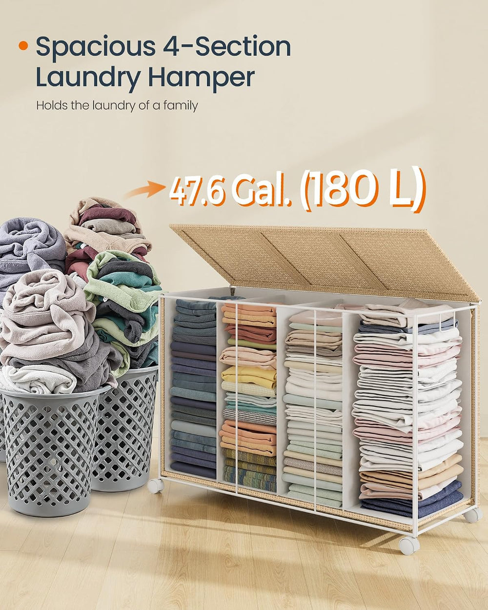 SONGMICS HOME Laundry Hamper with 4 Section, 180 L, Rattan, with Wheels