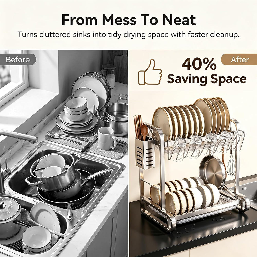 PureBox 2 Tier Dish Drying Rack for Kitchen Counter, Heavy Duty Stainless Ste...