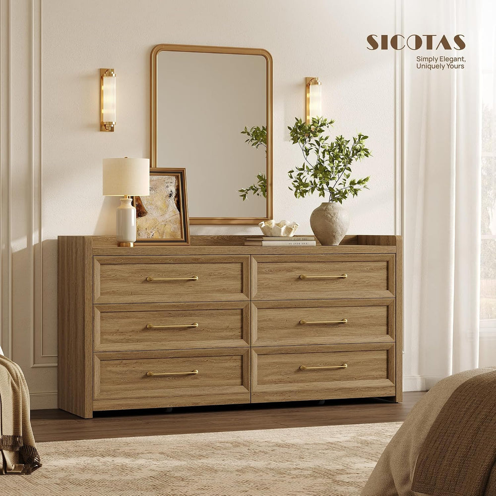 SICOTAS 6 Drawer Dresser for Bedroom-56.4" Extra-Wide Wood Chest of Drawers