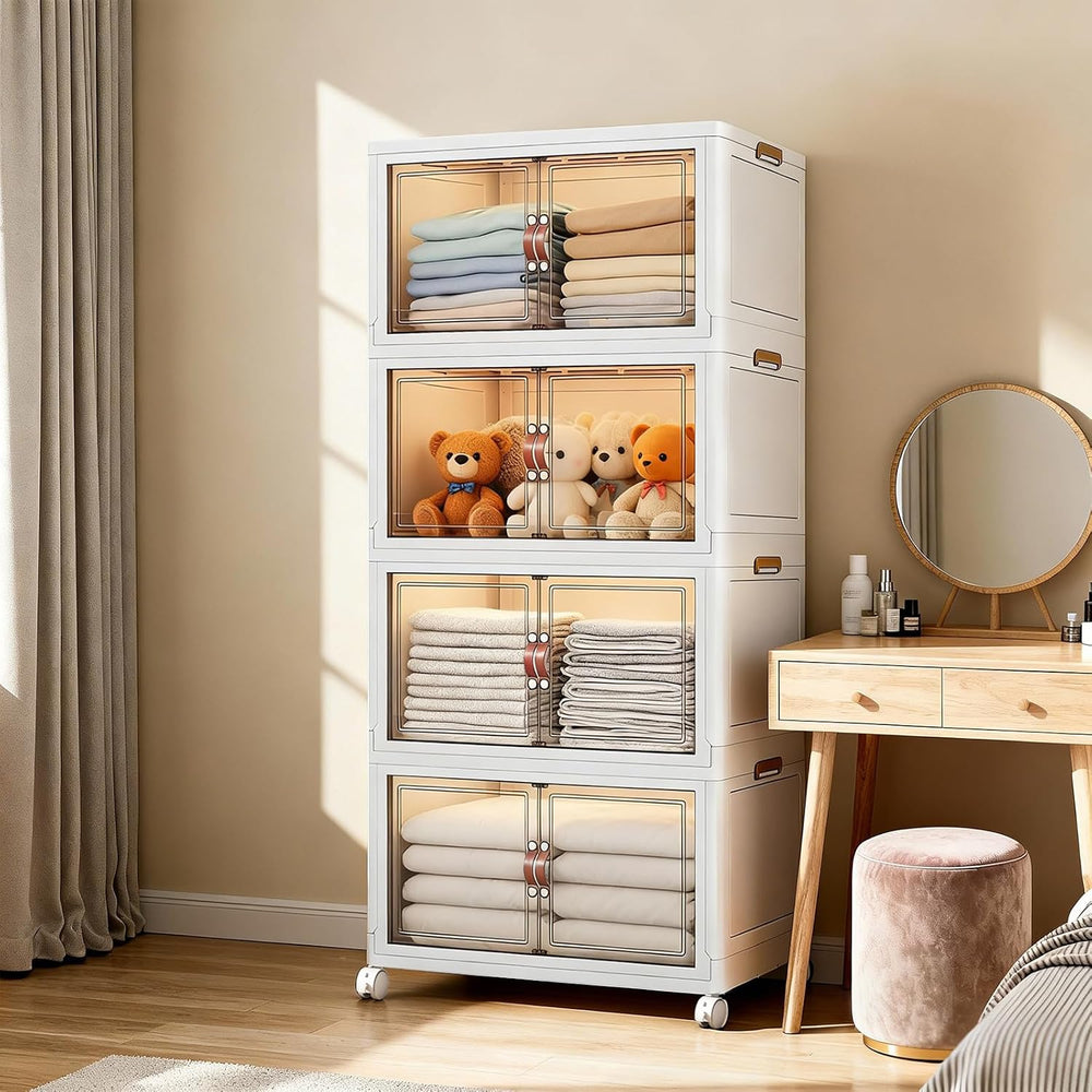 White 320 QT Large Stackable Storage Cabinet, 4-Tier Collapsible Storage Bins...