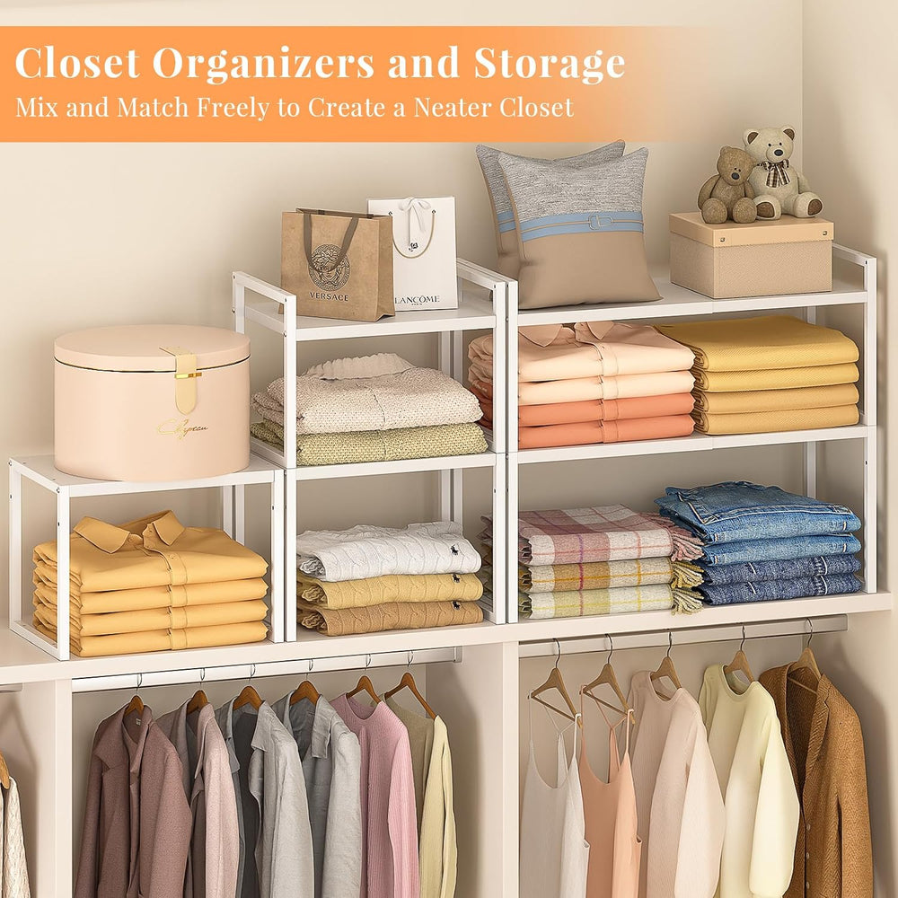ThreeHio 2 Pack Stackable Closet Organizers and Storage Shelves, Expandable M...