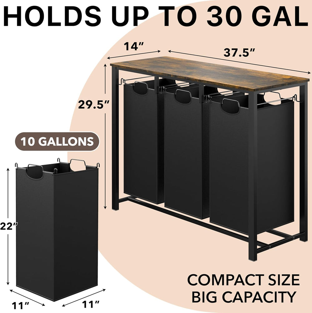 Simple Houseware 3-Section Laundry Sorter w/Tabletop Shelf, Rustic Brown