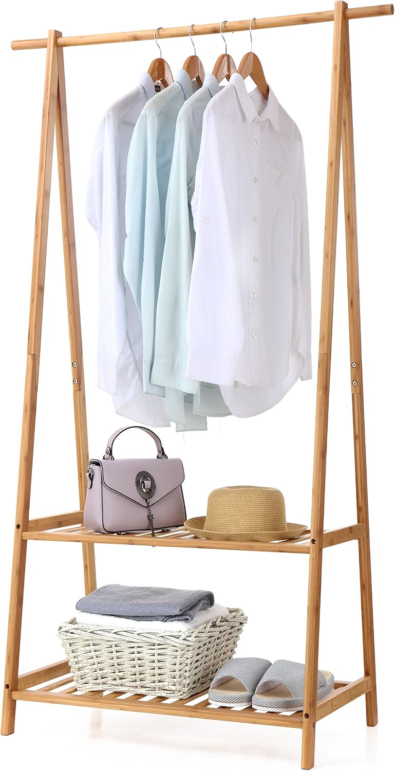 Finnhomy Bamboo Clothes Rack Portable Extra Large Garment Rack 2-Tire Storage...
