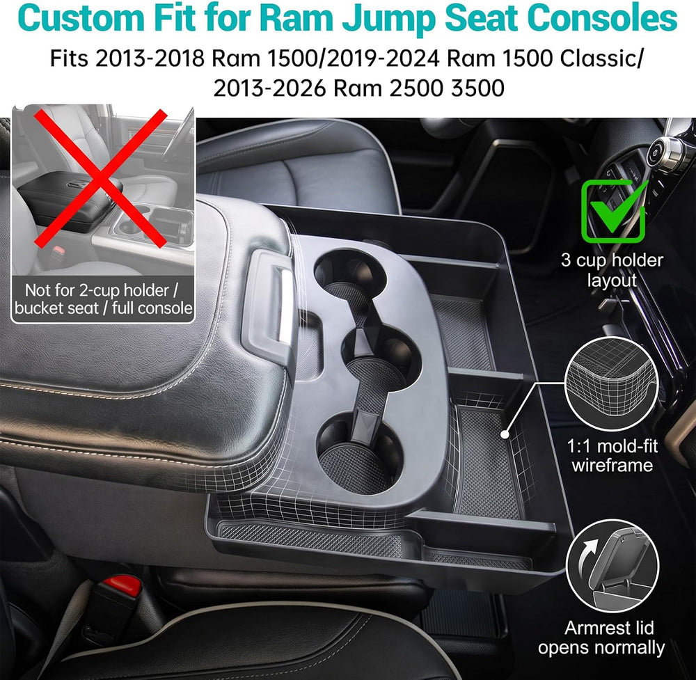 3-in-1 Center Console Organizer for 2013-2018 Dodge RAM 1500 Jump Seat