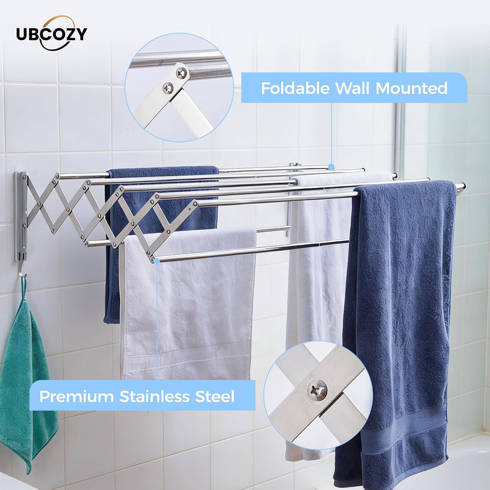 | Clothes Drying Rack Wall Mounted with Hooks - Foldable & Removable Laun...