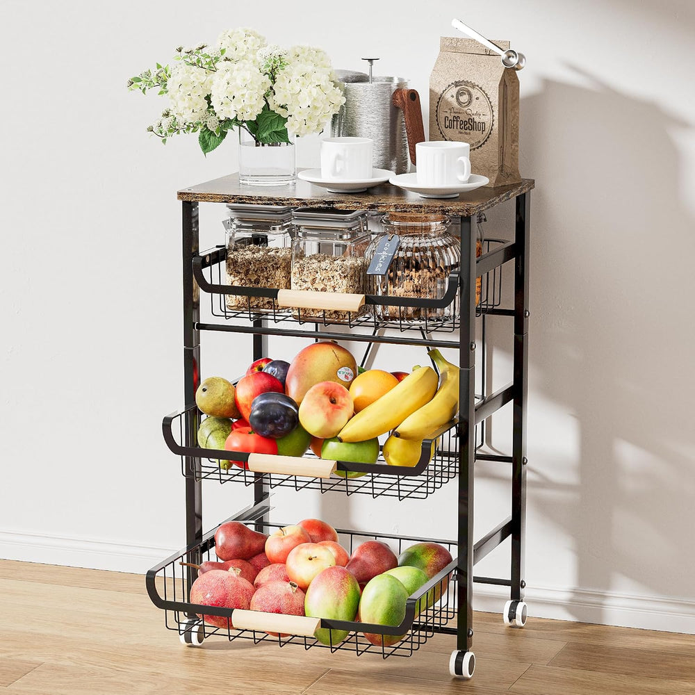 JAQ Fruit Vegetables Carts, 4-Tier Slide Out Metal Storage Baskets Stand Orga...