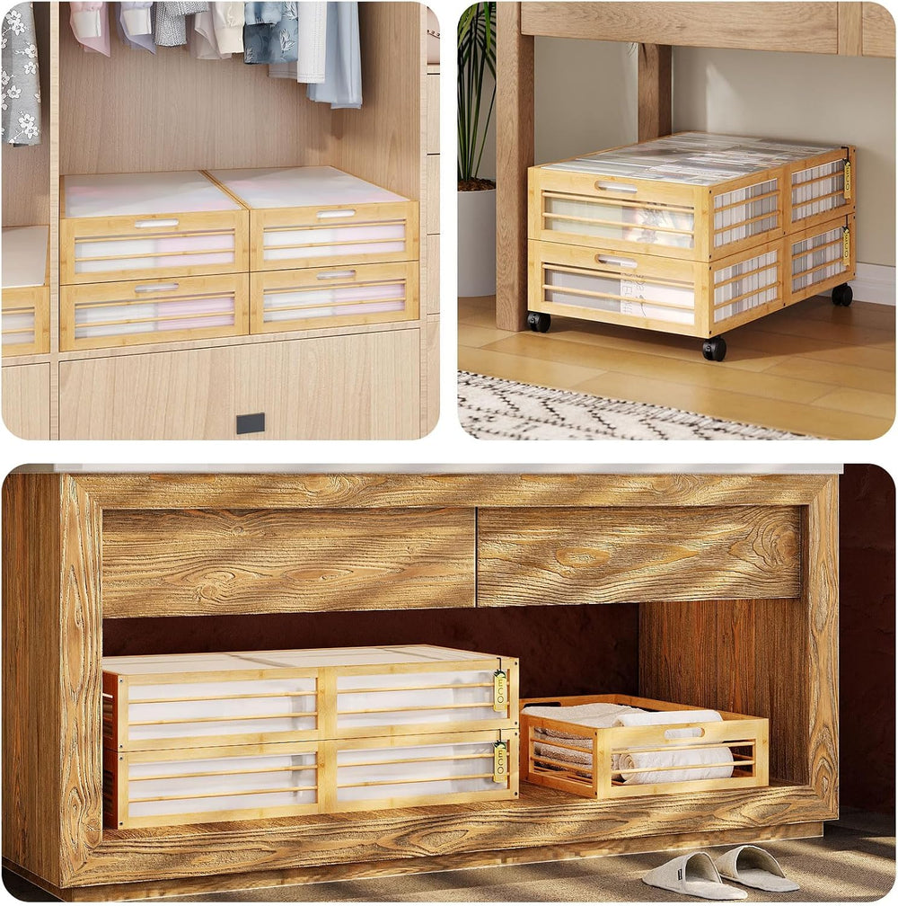 Underbed Storage with Wheels, 2 Pack Bamboo Containers for Shoes & Clothes