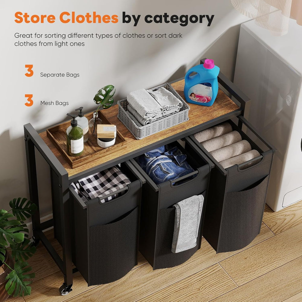 NEWBULIG Laundry Hamper Sorter, Rolling Laundry Basket, 3 x 10.6 Gal