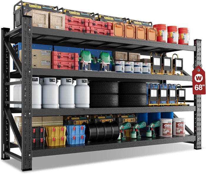 68" Wide Industrial Storage Shelves, 8000LBS Garage Shelving Heavy Duty, Standing Shelf Units, 4 Tier Metal Adjustable Storage Shelving Rack for Shop Warehouse Basement, 68'' W x 24''D x 63.5'' H