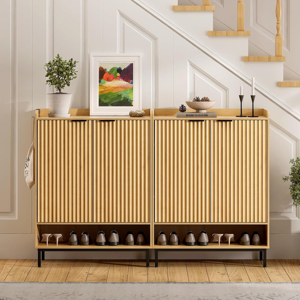 EYYTHUNG Fluted Shoe Cabinet with Doors, Large Wooden Shoe Storage Cabinet wi...