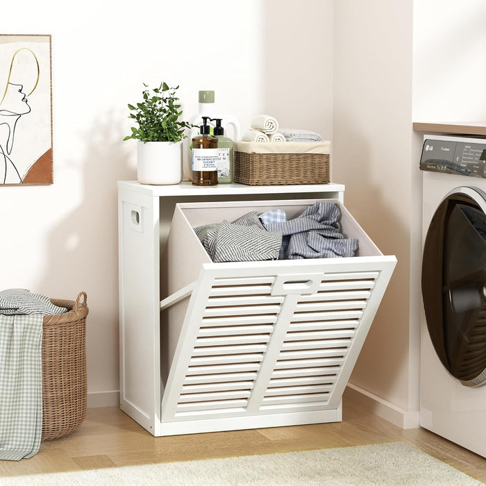 VASMIA Tilt Out Laundry Hamper, Bamboo Laundry Cabinet with Hidden Removable Basket,Dirty Clothes Storage Organizer for Bedroom, Bathroom, Living Room, White