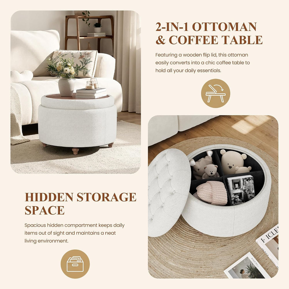 25" Round Ottoman with Storage, Small Coffee Table with Reversible Tray Lid