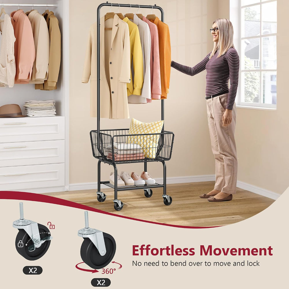 Tajsoon Rolling Laundry Cart with Hanging Rack & Laundry Basket, Black