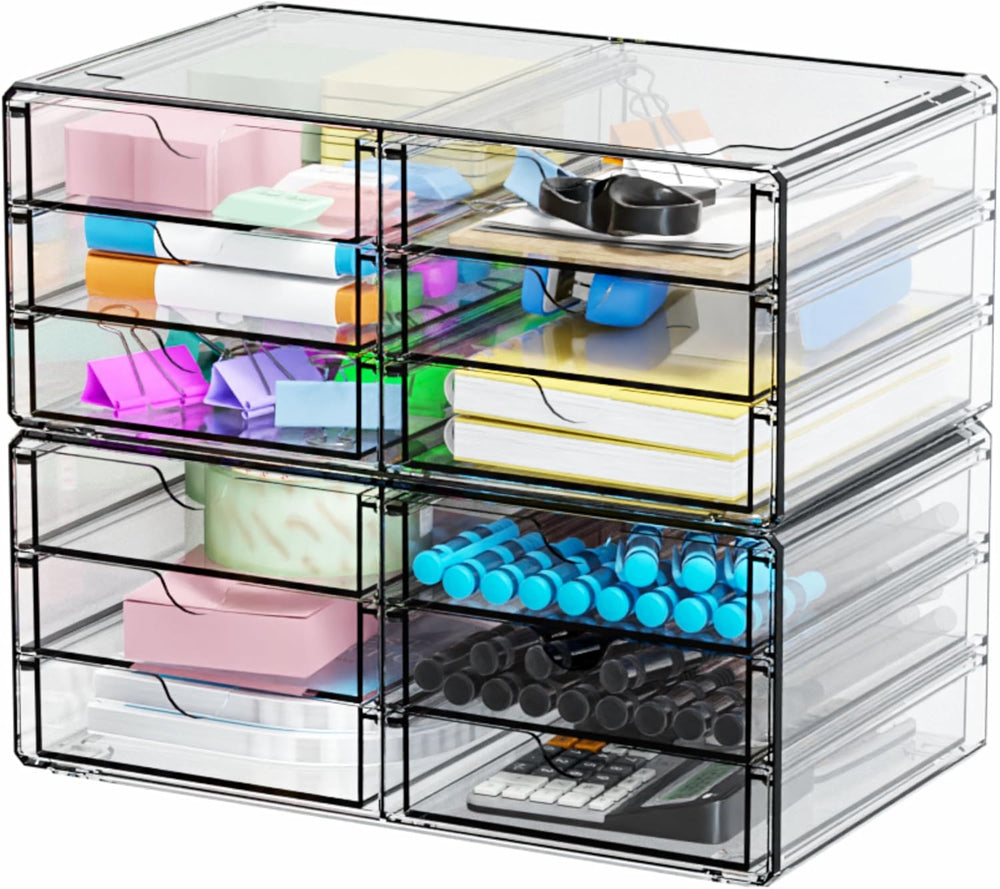 Yieach 2 Pack Acrylic Storage Drawers With 12 Small Drawer,Stackable Office C...