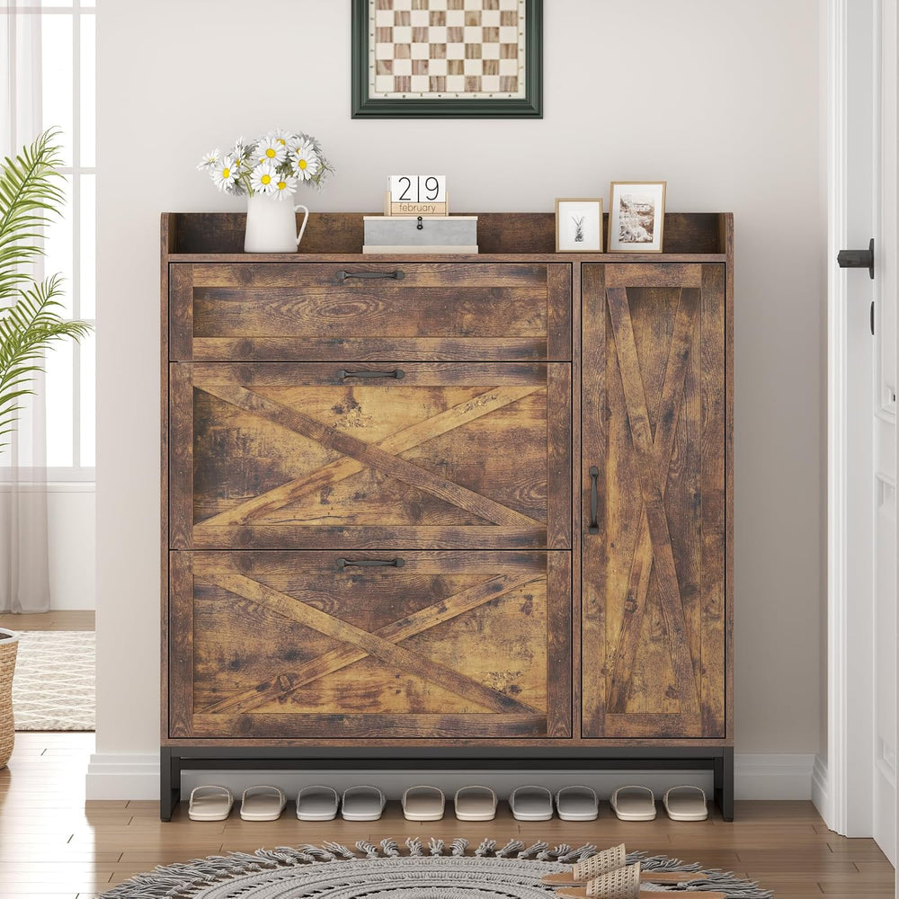 Loomie Farmhouse Flip Drawer Shoe Cabinet, Shoe Organizer with Side Cabinet