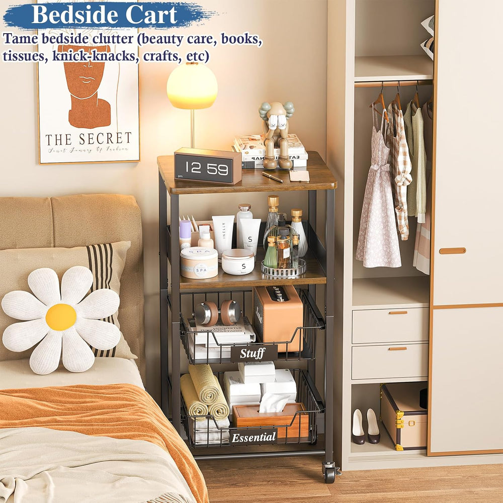 OKZEST 4-Tier Rolling Storage Cart with Upgraded Drawer Basket & Wood Shelf