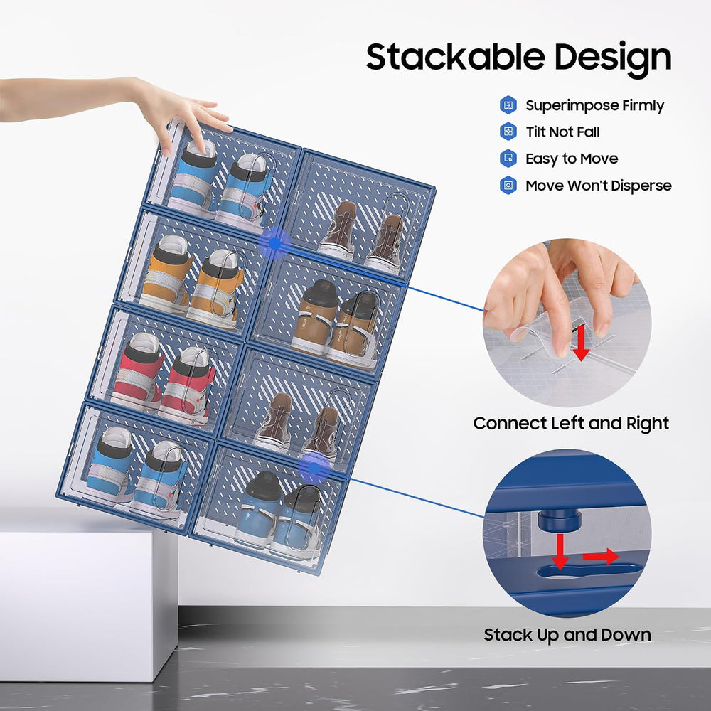 eWonLife Large Shoe Organizer Storage Box with Magnetic Door,12 Pack Clear Pl...