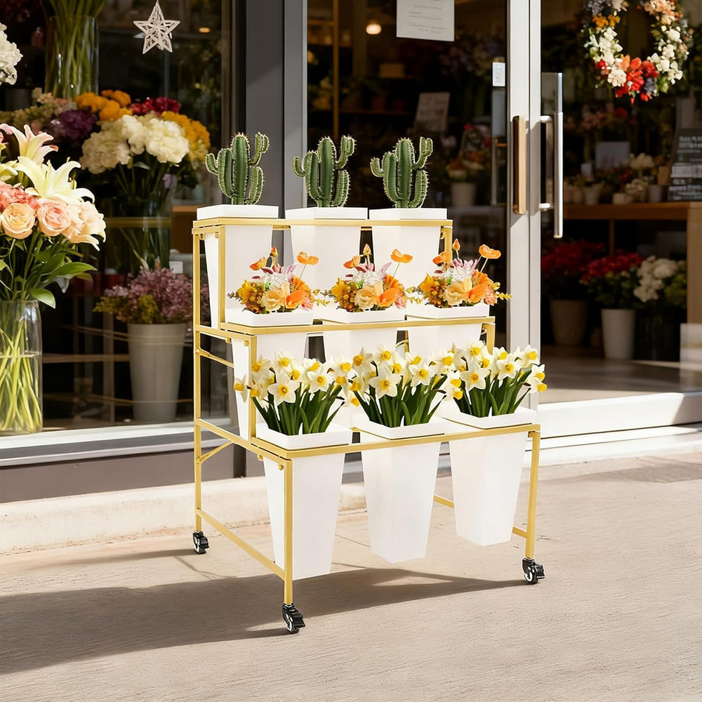 3 Tier Flower Display Stand with 9 Buckets, 33.46″ H Rolling Flower Cart with...