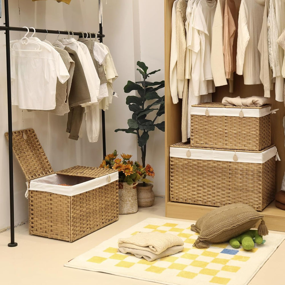 Storage Basket with 2 separate Lid, 105L Handwoven Rattan Shelf Basket with C...
